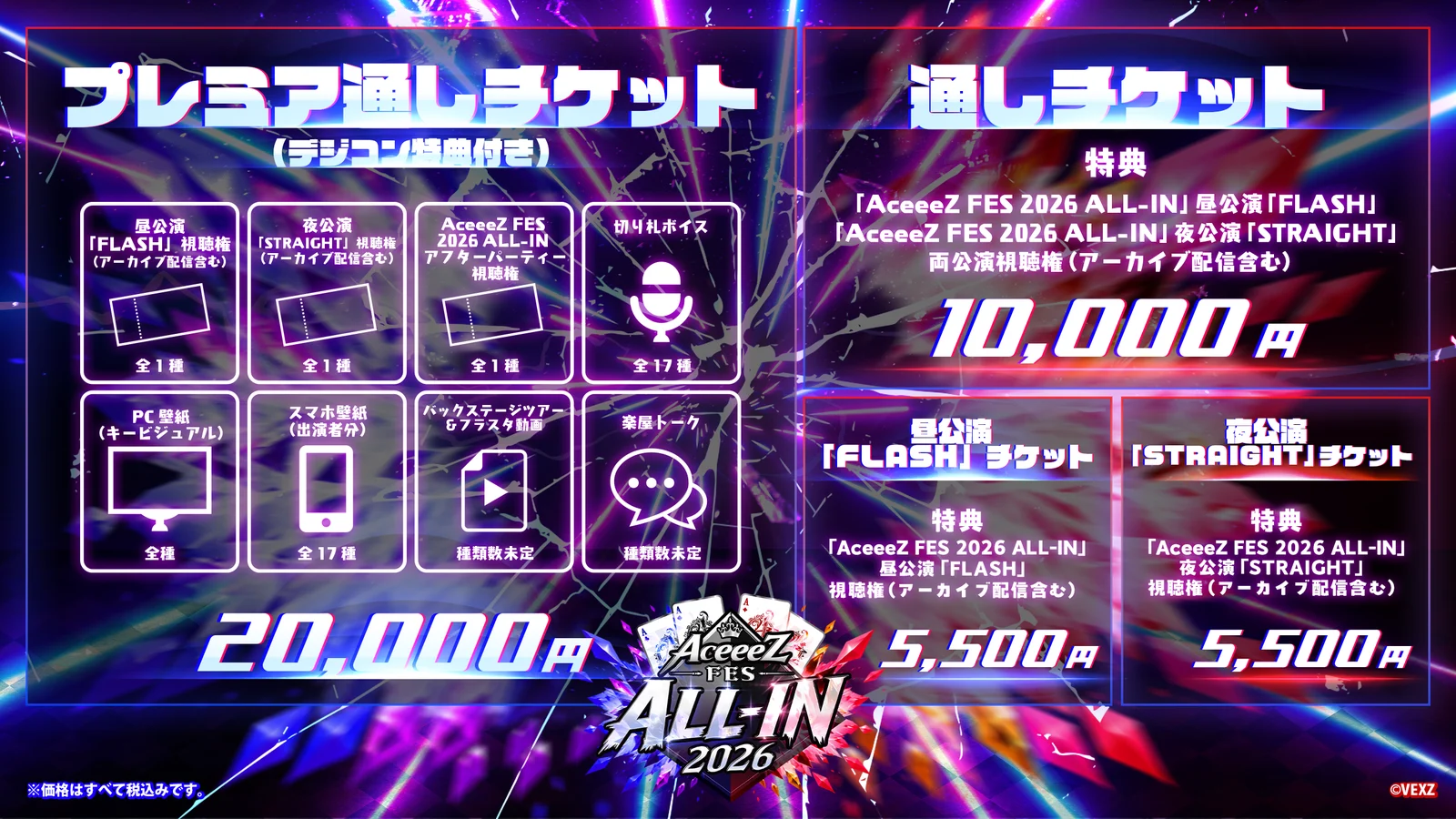 チケット券種と特典一覧：プレミア通しチケット20,000円、通しチケット10,000円、昼公演FLASHチケット5,500円、夜公演STRAIGHTチケット5,500円